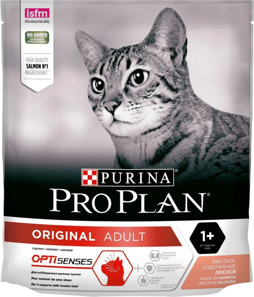 Сухой корм Purina Pro Plan Original Adult OPTIsenses, для взрослых кошек, для поддержания органов чувств, с лососоем, 400г.